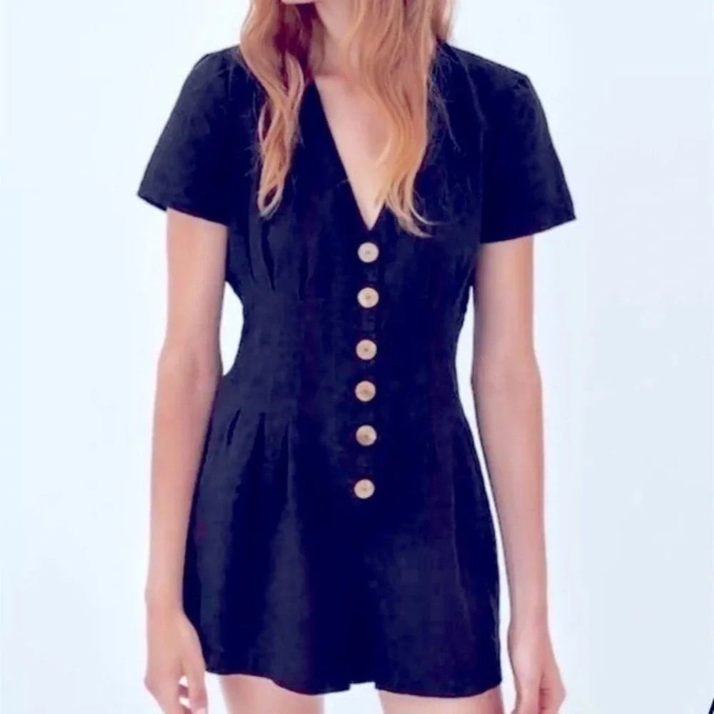Zara Linen Button‎ Down Rompers Black Size Small